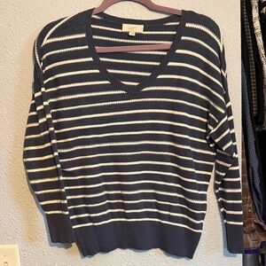 LOFT Navy and White Striped V-Neck Pullover